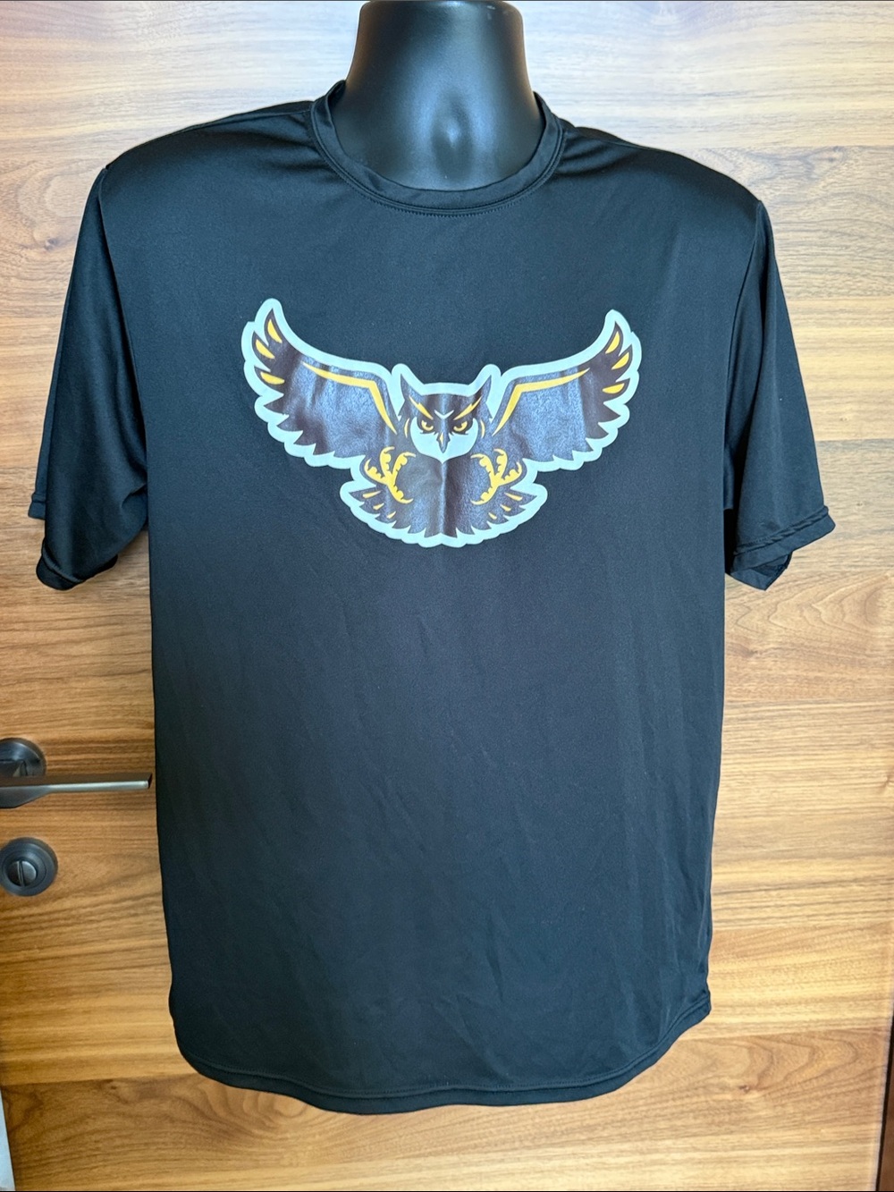 Rowan University Black Short-Sleeve Performance Tee with Owl Graphic